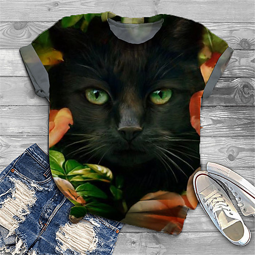 

Women's Plus Size Print Cat Graphic Animal T shirt Large Size Crewneck Short Sleeve Basic Tops XL XXL 3XL Black Big Size