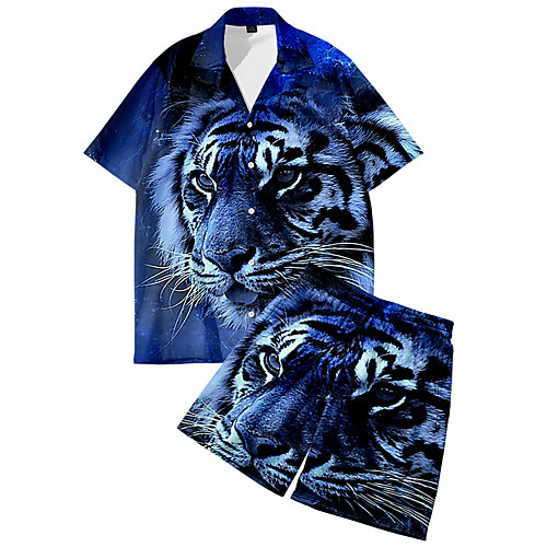

Men's Shirt Suits 3D Print Tiger Animal Button-Down 3D Print Short Sleeve Daily Tops Casual Fashion Breathable Blue