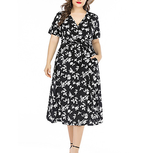 

Women's Plus Size Dresses Swing Dress Midi Dress Short Sleeve Floral Print V Neck Casual Fall Black XL XXL 3XL 4XL 5XL / Loose