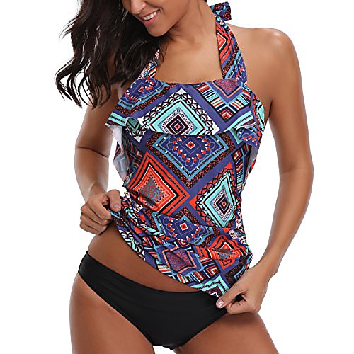 

niuer women's two pieces backless neck halter flounce design printed tank top swimsuit swimwear tankini set purple size l