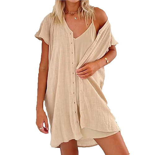 

Women's Shirt Dress Short Mini Dress Khaki Sleeveless Solid Color Ruffle Spring Summer V Neck Sexy Cotton 2021 S M L XL XXL 3XL