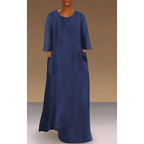 

Women's Denim Dress Maxi long Dress Navy Blue Light Blue 3/4 Length Sleeve Solid Color Pocket Summer Round Neck Casual 2021 S M L XL XXL 3XL
