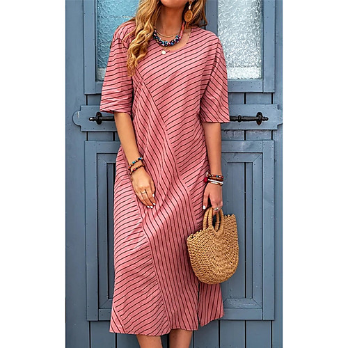 

Women's Swing Dress Midi Dress White Blue Red Green Half Sleeve Striped Patchwork Print Fall Summer Round Neck Elegant Casual 2021 S M L XL XXL