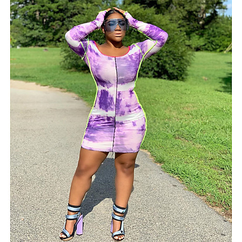 

Women's Plus Size Tie Dye Sexy Long Sleeve Spring & Summer Knee Length Dress Sheath Dress Light Purple