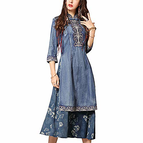

Women Vintage Cheongsam Denim Jean Dress Long (Small, Blue4)