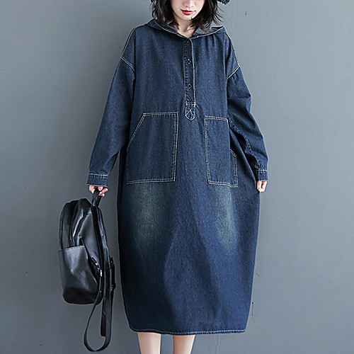 

Women's Denim Dress Midi Dress Blue Sleeveless Solid Color Split Pocket Patchwork Fall Spring Hooded Casual 2021 Large size L Large size XL Large size XXL Large size M