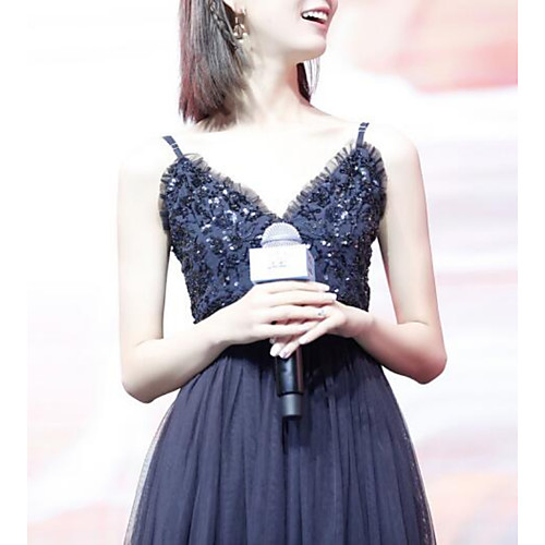 

A-Line Sparkle Sexy Wedding Guest Cocktail Party Dress Spaghetti Strap Sleeveless Tea Length Tulle with Sequin Embroidery 2021