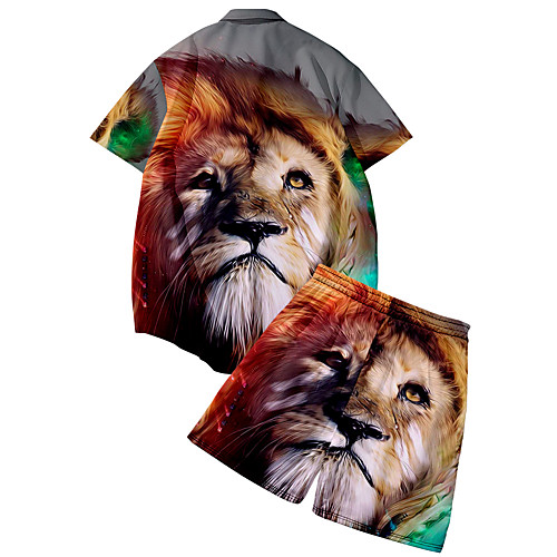 

Men's Shirt Suits 3D Print Lion Animal Button-Down 3D Print Short Sleeve Street Tops Fashion Classic Breathable Comfortable Rainbow