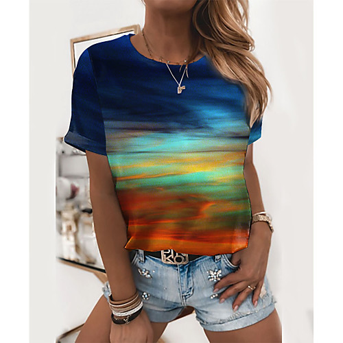 

Women's T shirt Graphic Scenery Print Round Neck Tops Basic Basic Top Blue Purple Green