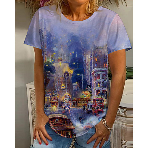 

Women's T shirt Graphic Scenery Print Round Neck Tops Basic Basic Top Purple