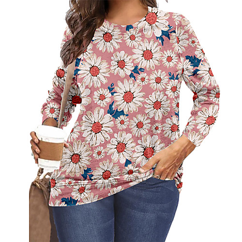 

Women's Plus Size Print Graphic Floral Daisy T shirt Large Size Crewneck Long Sleeve Tops XL XXL 3XL Blue Blushing Pink Big Size