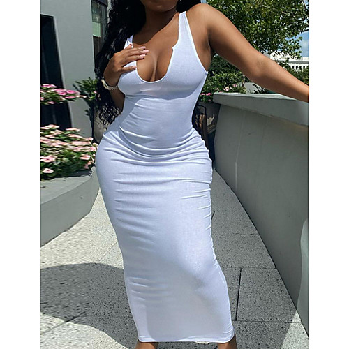 

Women's Sheath Dress Maxi long Dress White Black Sleeveless Solid Color Ruched Summer Square Neck Elegant 2021 S M L XL