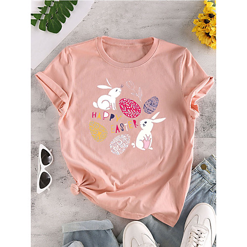

Women's T shirt Graphic Letter Animal Print Round Neck Tops 100% Cotton Basic Basic Top White Blushing Pink Green