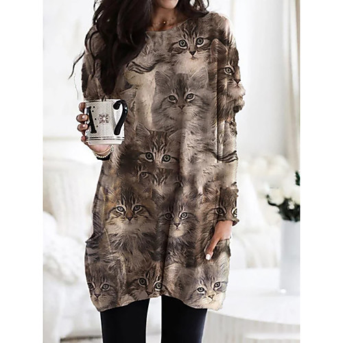 

Women's T Shirt Dress Tee Dress Short Mini Dress Khaki Long Sleeve Cat Animal Print Summer Round Neck Casual 2021 S M L XL XXL 3XL