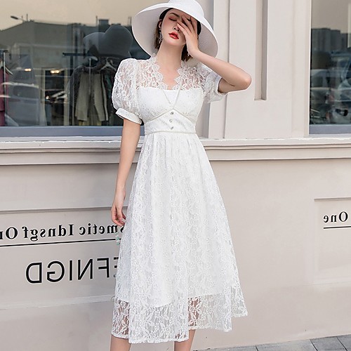 

A-Line Empire Elegant Wedding Guest Cocktail Party Dress V Neck Short Sleeve Tea Length Lace with Buttons Lace Insert 2021