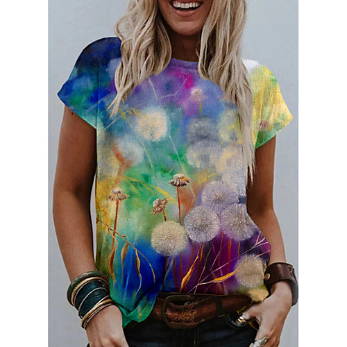 

Women's T shirt Graphic Floral Dandelion Print Round Neck Tops Basic Basic Top Purple Red Green