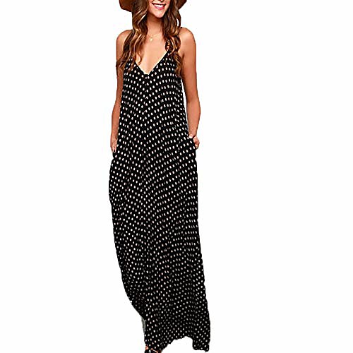 

women summer sleeveless denim maxi dresses plus size deep v neck halter loose blue jean ankle dress (l, polka dot black)