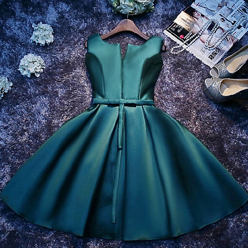 

A-Line Jewel Neck Tea Length Satin Bridesmaid Dress with Bow(s) / Bandage