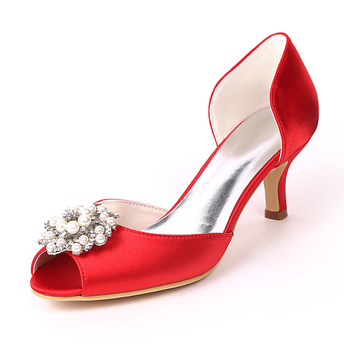 

Women's Wedding Shoes Kitten Heel Peep Toe Wedding Sandals Satin Rhinestone Pearl Solid Colored White Purple Red