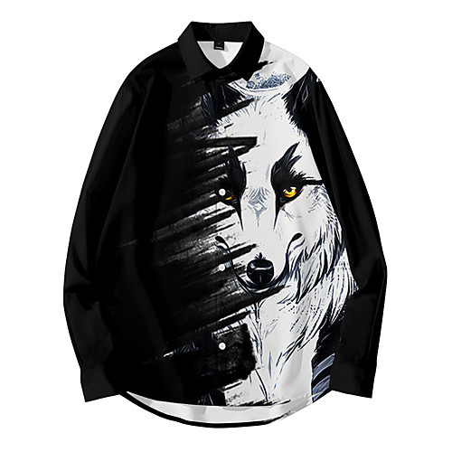 

Men's Shirt 3D Print Wolf Animal Button-Down 3D Print Long Sleeve Daily Tops Casual Fashion Hawaiian Black