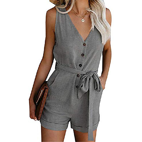 

women solid color jumpsuit summer casual sexy v-neck bow tie short pants romper (x-large, grey)