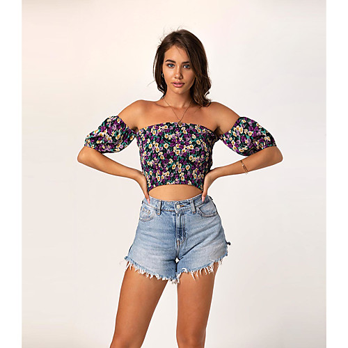 

Women's Crop Top Floral Print Off Shoulder Tops Sexy Beach Basic Top Purple