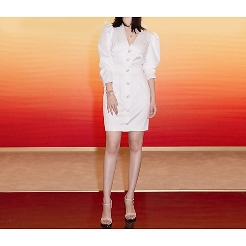 

Two Piece Minimalist Elegant Graduation Cocktail Party Dress V Neck 3/4 Length Sleeve Short / Mini Satin with Buttons 2021