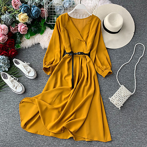 

Women's A Line Dress Knee Length Dress Black Red Yellow Wine Khaki Green Dusty Blue Light Blue 3/4 Length Sleeve Solid Color Patchwork Button Fall Shirt Collar Casual 2021 S M L XL