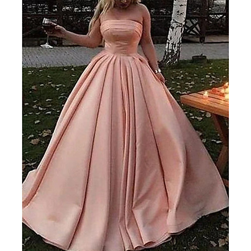 

Ball Gown Minimalist Elegant Wedding Guest Prom Dress Strapless Sleeveless Floor Length Satin with Pleats 2021