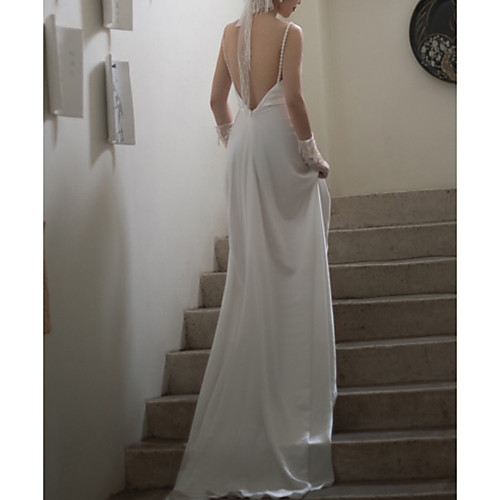 

Sheath / Column Wedding Dresses V Neck Sweep / Brush Train Satin Sleeveless Simple Sexy with Pearls Split Front 2021