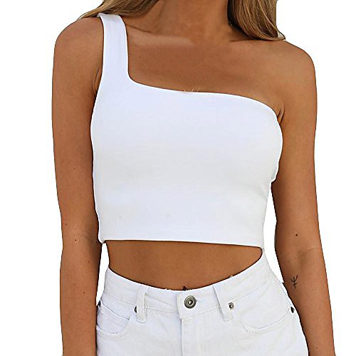 

womens sexy one-shoulder neckline sleeveless cotton blouse tank tops (xl, white)