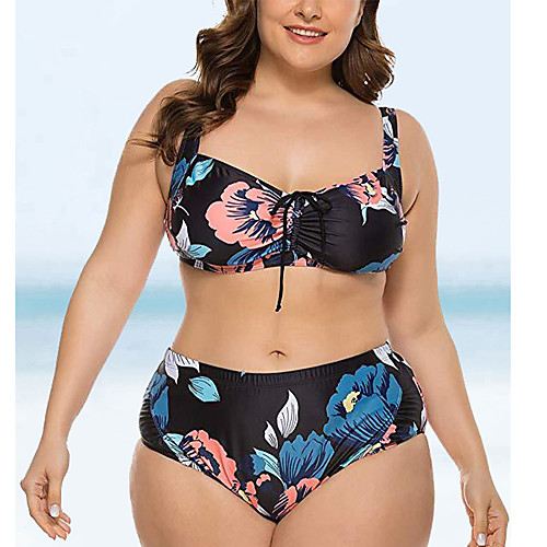 

Women's Tankini Swimsuit Bow Print Floral Black Plus Size Swimwear Halter Bathing Suits