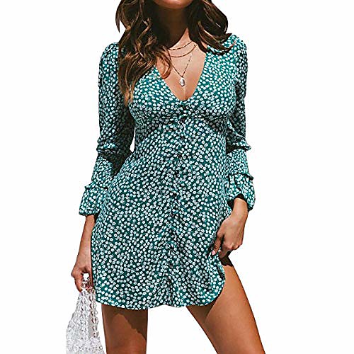 

oluolin women's floral print sexy deep v neck long sleeve swing dresses green