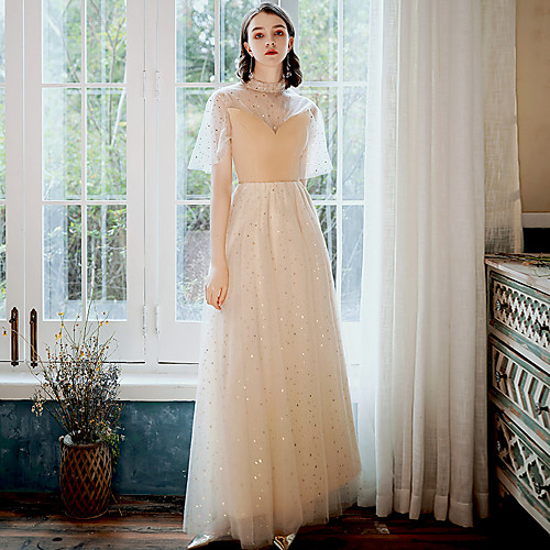 

A-Line Glittering Elegant Wedding Guest Prom Dress High Neck Short Sleeve Floor Length Tulle Velvet with Sequin 2021