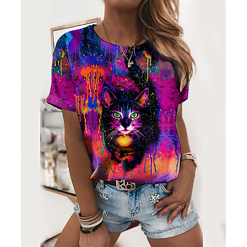 

Women's T shirt Cat Graphic 3D Print Round Neck Tops Basic Basic Top Purple Yellow Fuchsia