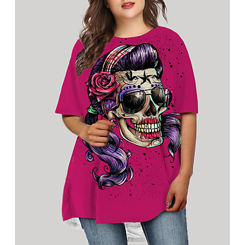 

Women's Plus Size Dresses T Shirt Dress Tee Dress Short Mini Dress Half Sleeve Graphic Skull Print Basic Fall Fuchsia XL XXL 3XL 4XL 5XL / Holiday