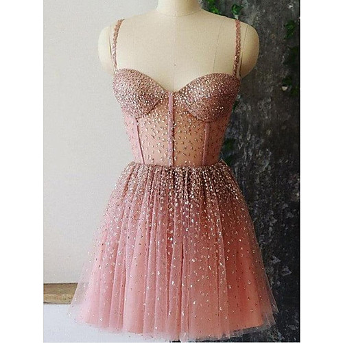 

A-Line Sparkle Sexy Homecoming Cocktail Party Dress Spaghetti Strap Sleeveless Short / Mini Tulle with Pleats 2021