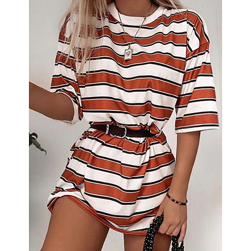 

Women's T Shirt Dress Tee Dress Short Mini Dress Red Short Sleeve Striped Summer Round Neck Casual 2021 M L XL XXL 3XL