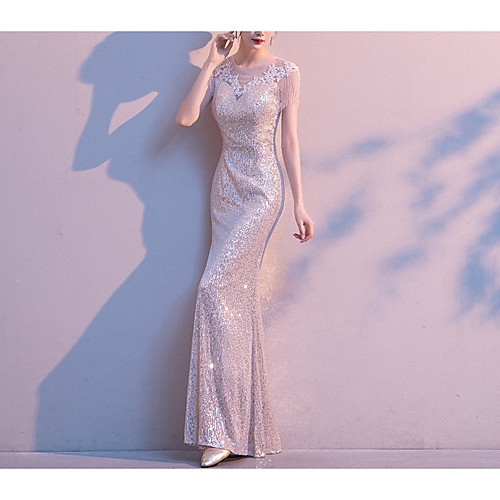 

Sheath / Column Jewel Neck Floor Length Sequined Bridesmaid Dress with Lace / Sequin