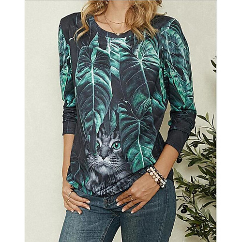 

Women's Plus Size Print Cat Blouse Large Size Crewneck Long Sleeve Basic Tops L XL XXL Green Big Size / Loose