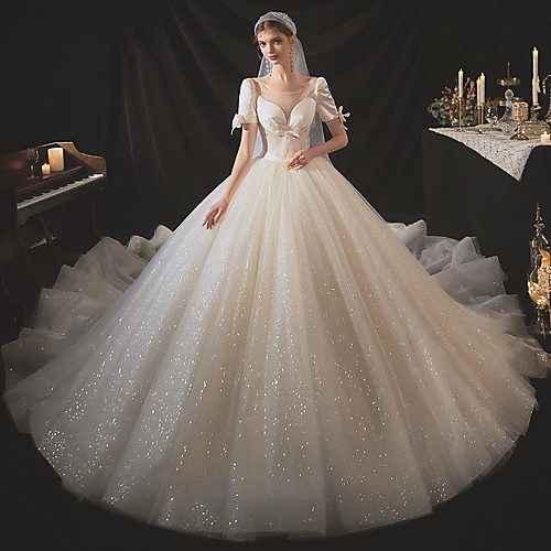 

Princess Ball Gown Wedding Dresses Jewel Neck Court Train Satin Tulle Sequined Short Sleeve Formal Romantic Luxurious Sparkle & Shine with Bow(s) Sequin 2021