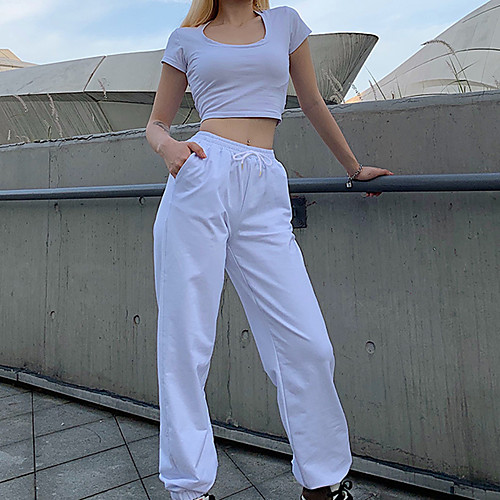 

Women's Stylish Athleisure Comfort Sports Yoga Jogger Pants Plain Full Length Drawstring Pocket White Black Gray