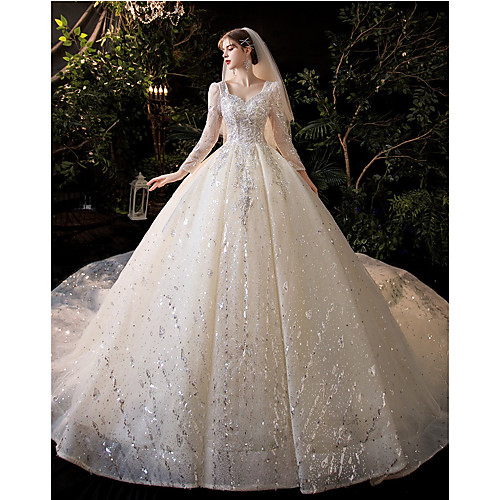 

Princess Ball Gown Wedding Dresses V Neck Chapel Train Lace Tulle Sequined Long Sleeve Formal Luxurious Sparkle & Shine with Appliques 2021