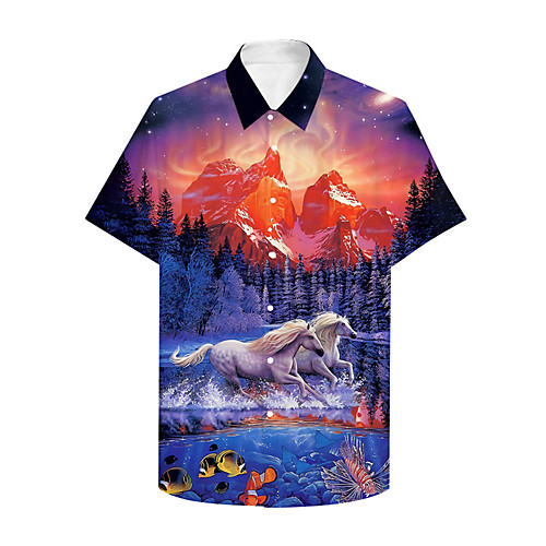 

Men's Shirt 3D Print Graphic Prints Horse Animal Button-Down Print Short Sleeve Daily Tops Casual Designer Big and Tall Blue