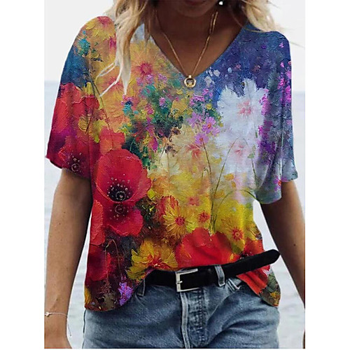 

Women's T shirt Floral Print V Neck Tops Boho Basic Top Red