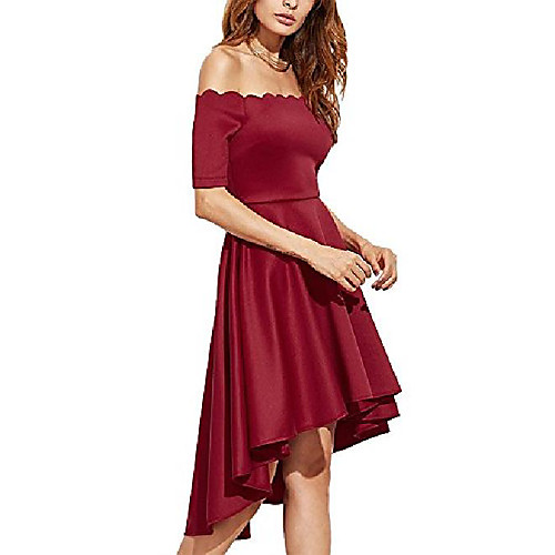 

remelon womens sexy scallop off the shoulder pleated high low swing skater dresss red