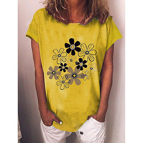 

Women's T shirt Floral Print Round Neck Tops Cotton Basic Basic Top White Blue Yellow