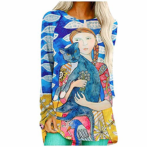 

women fashion tops causal landscape print o-neck blouse long sleeves loose pullover ladies painting printed tunic top
