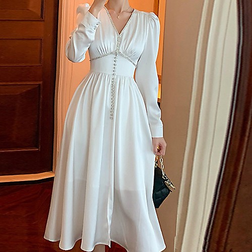 

A-Line Minimalist Elegant Wedding Guest Cocktail Party Dress V Neck Long Sleeve Tea Length Satin with Buttons Crystals 2021