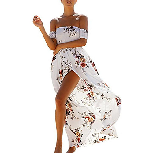 

omzin women summer beach printed dresses off shoulder maxi dress white s